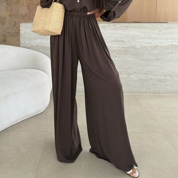 Mocha Brown Casual Women's Front Button-Up Shirt & Loose Pants Set - Picture 4 of 6